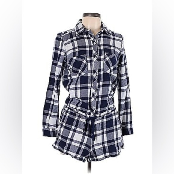 Aerie Plaid Flannel Button Front One Piece Pajama Romper Blue White sz XL - Picture 3 of 7